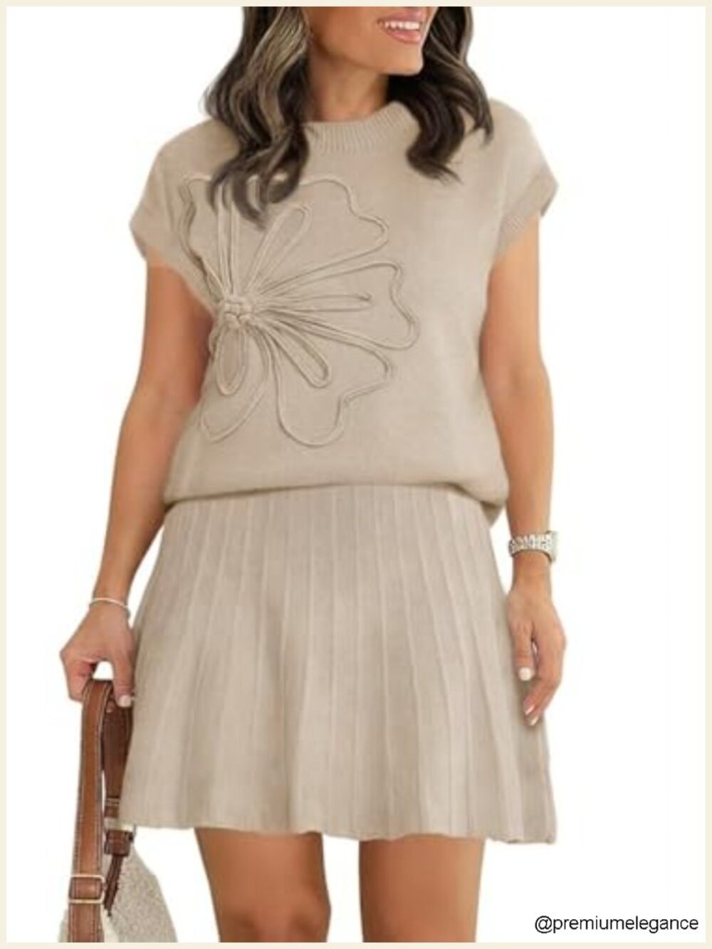 Women's 2 Piece Skirt Set Floral Knit Short Sleeve Top Pleated Mini Skirt